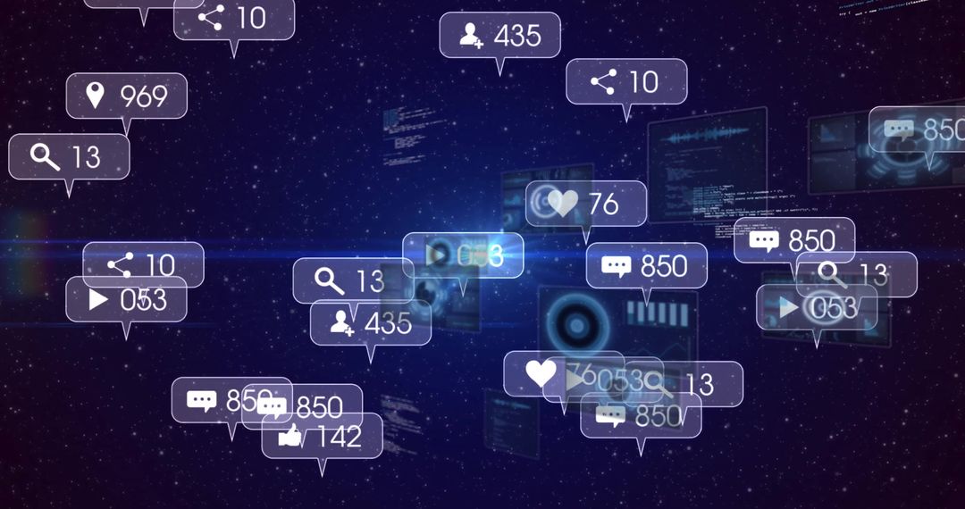 Floating Holographic Icons Visualizing Digital Data Analytics