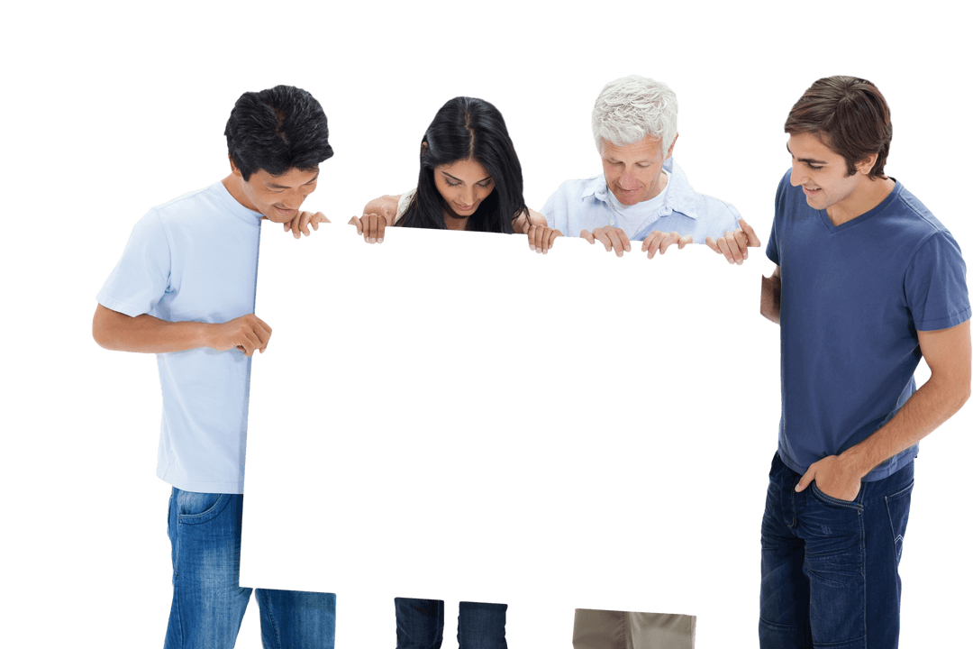 Diverse Group Holding Blank Black Card with Transparent Background