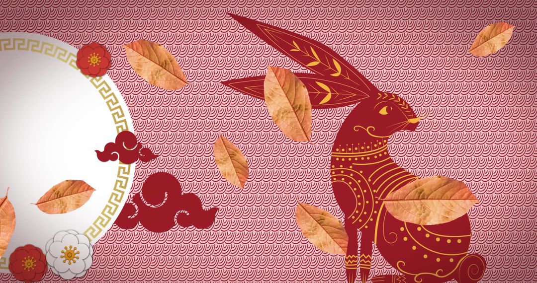 Traditional Chinese Design with Rabbit and Falling Leaves