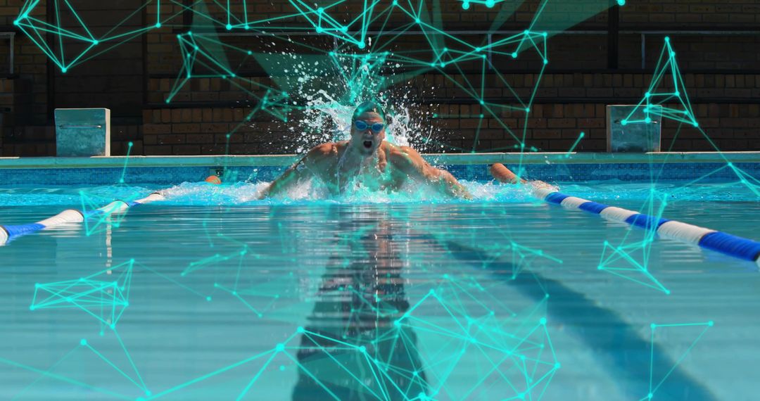 Competitive Swimmer During Butterfly Stroke with Futuristic Graphics