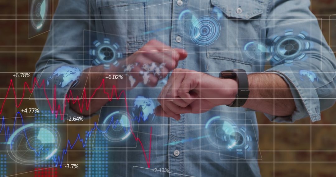 Man Using Smartwatch with Futuristic Interface Overlay