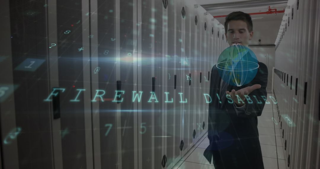 Cyber Attack Simulation in Server Room with Firewall Warning