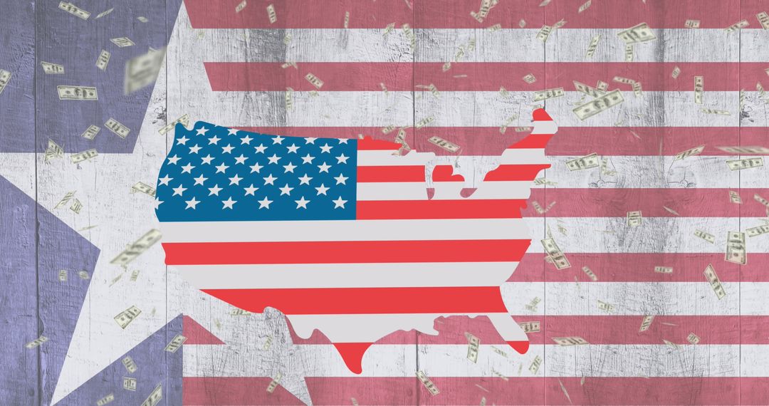 USA Flag Map with Falling Dollar Bills on American Background