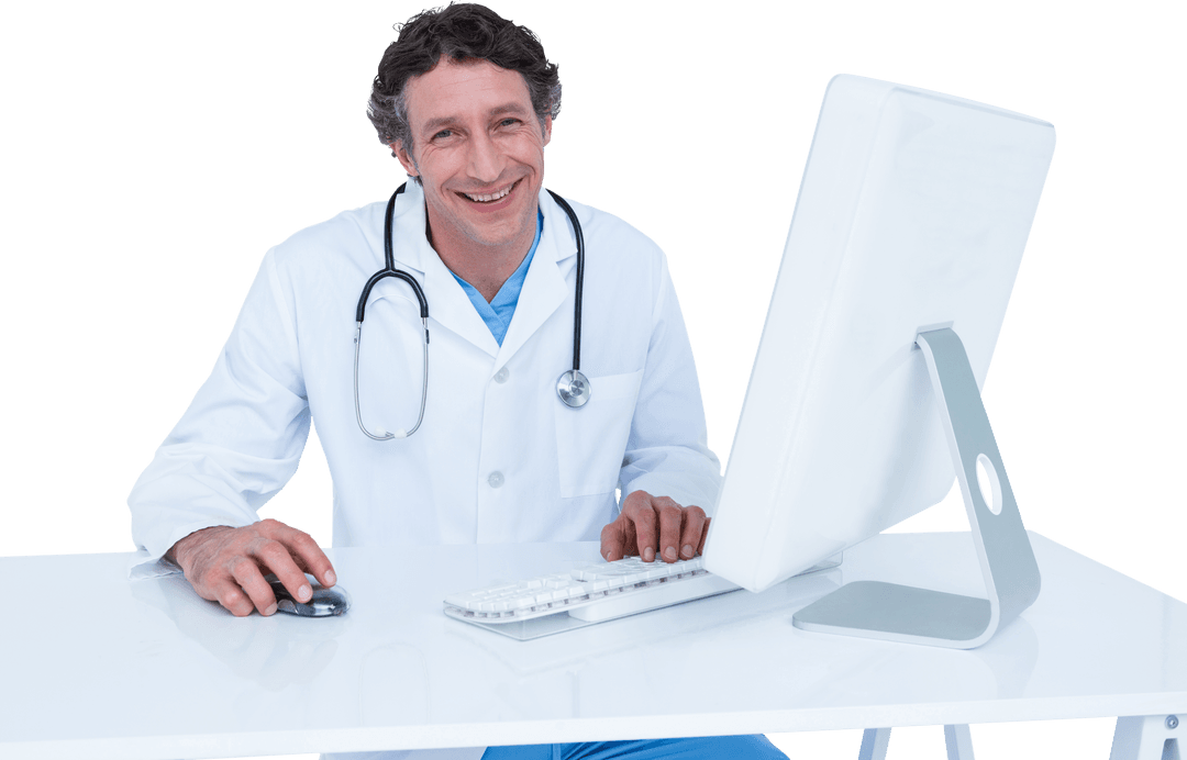 Smiling Doctor Working on Transparent Background