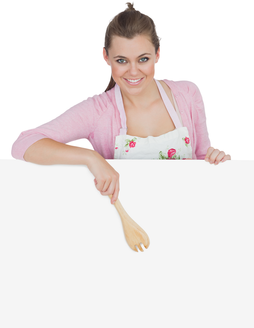 Smiling Woman in Apron Pointing with Wooden Spoon Transparent Background - Download Free Stock Images Pikwizard.com