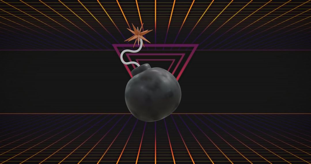 3D Rotating Bomb Icon Over Neon Grid and Triangle Background