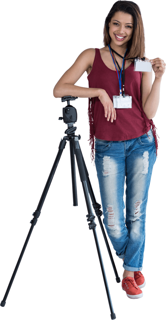 Transparent Background Portrait of Woman with Tripod and ID Card