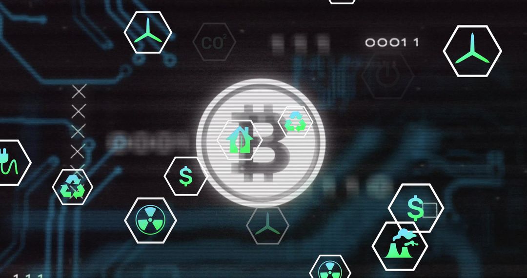Digital Bitcoin Symbol with Eco-Friendly Icons over Circuit Background