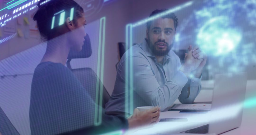 Discussing Data Processing with Futuristic Digital Interface Overlay