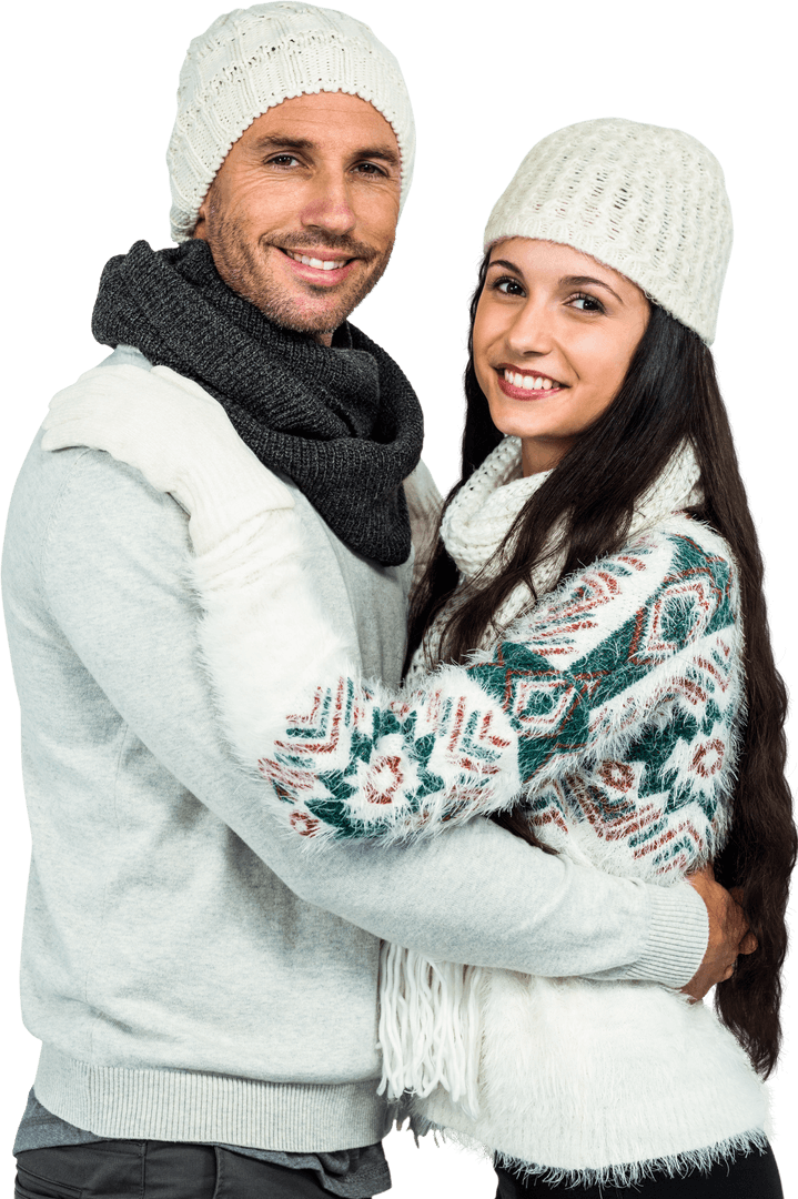Smiling Couple Embracing in Winter Clothing on Transparent Background