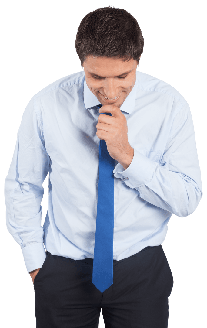 Thinking Businessman in Blue Tie Touching Chin on Transparent Background