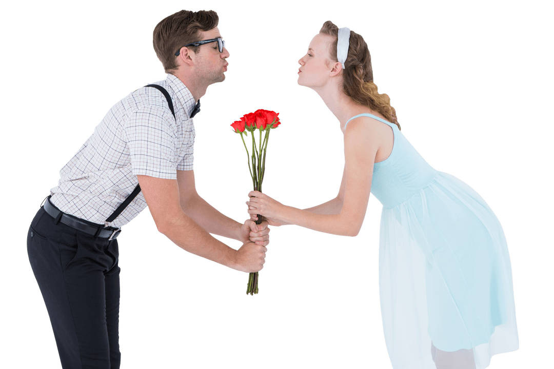 Transparent Geeky Couple Kissing with Roses Celebration