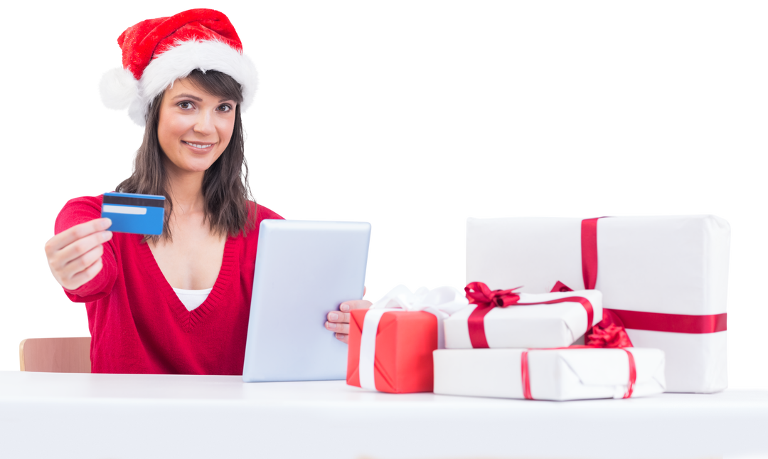 Happy Woman with Santa Hat Shopping Online with Gifts Using Tablet, Transparent Background - Download Free Stock Images Pikwizard.com