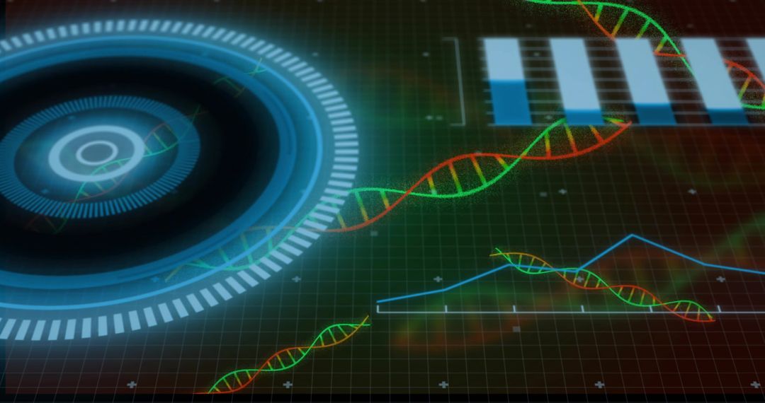 Holographic Biotech Dashboard Showing DNA Strands, Circular HUD and Data Visualization
