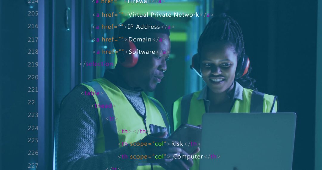 Technicians Inspecting Code in Server Room with Protective Gear