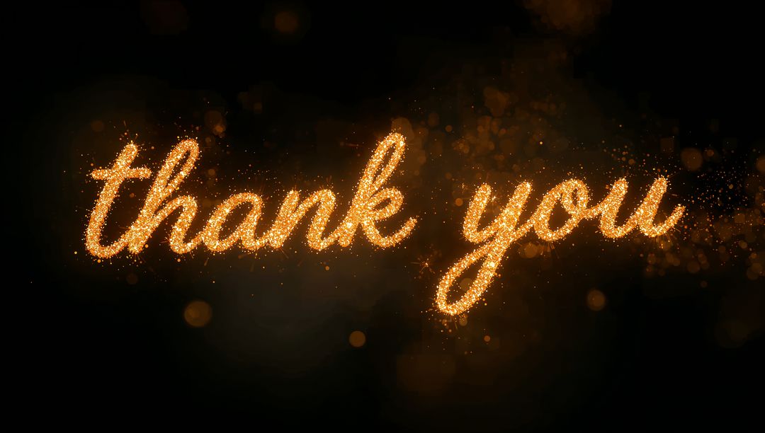 Glowing gold glitter calligraphy spelling thank you, sparkling bokeh on dark elegant backdrop