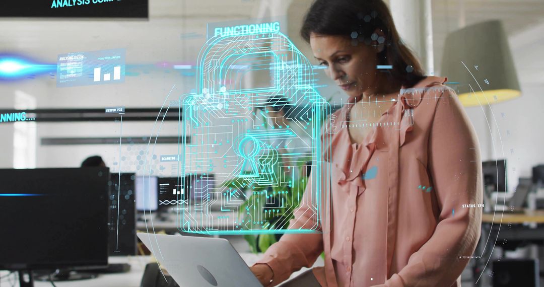 Woman Analyzing Cybersecurity Data with Digital Interface