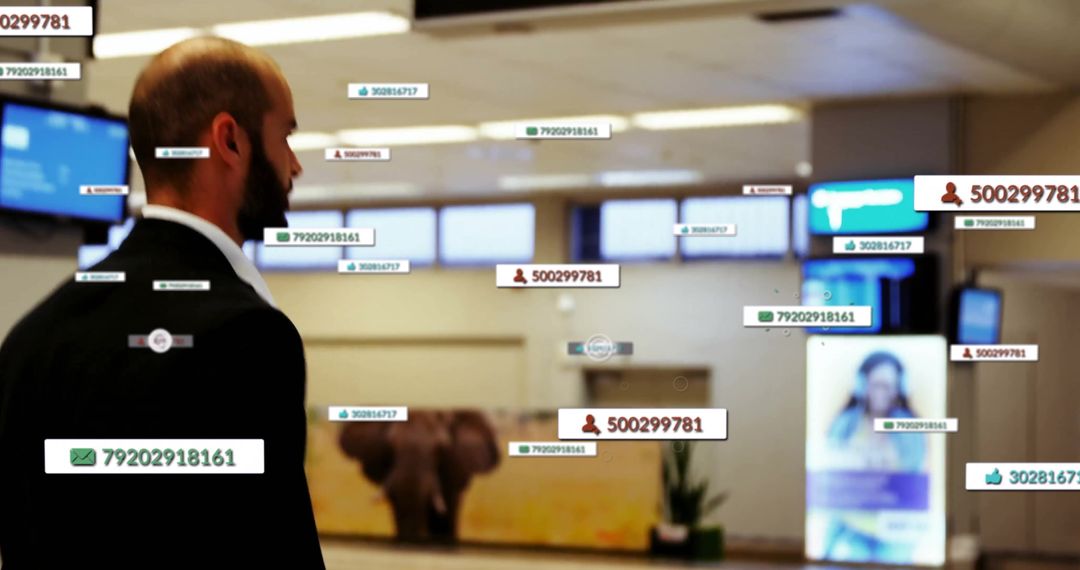 Businessman Surrounded by Digital Social Media Notifications in Airport