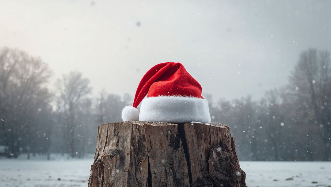 Red Santa hat resting on weathered tree stump in snowy meadow, falling snowflakes