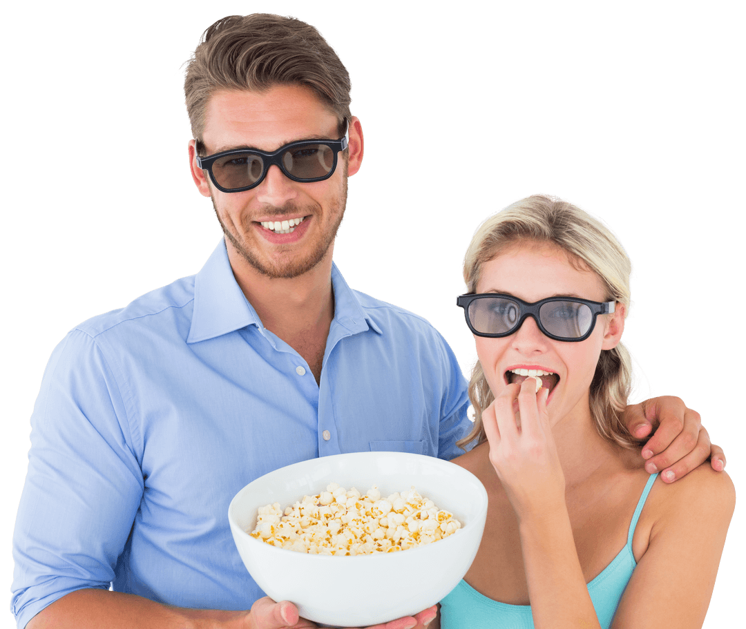 Couple Wearing 3D Glasses Holding Popcorn Bowl with Transparent Background