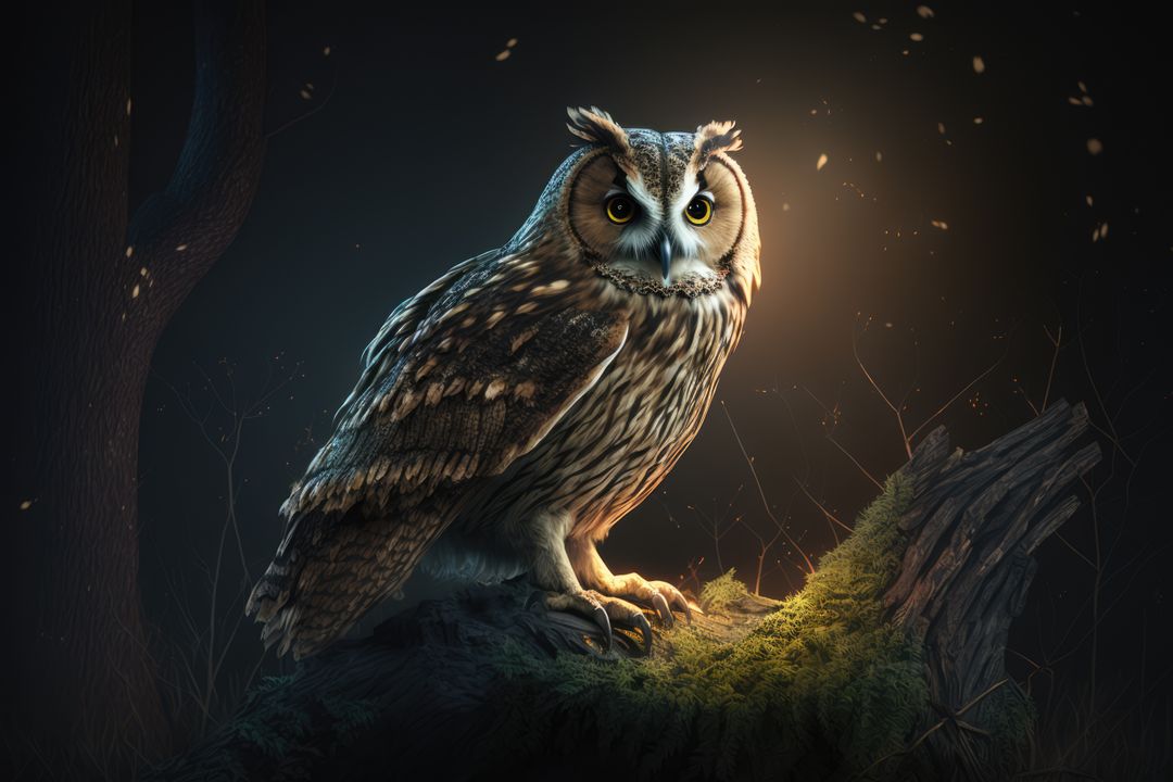 Majestic Owl Perched on Tree Stump at Night - Free Images, Stock Photos and Pictures on Pikwizard.com