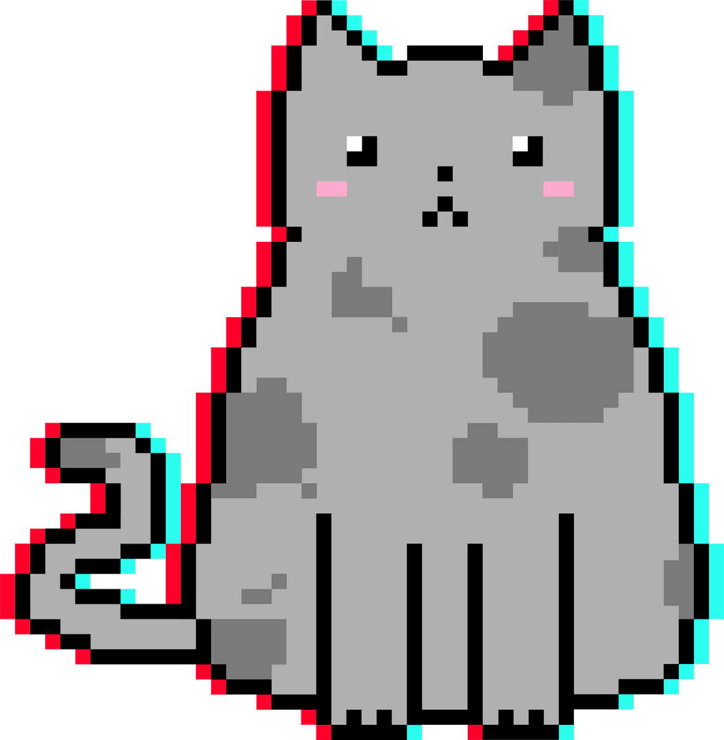 Pixel Art Chubby Gray Cat with Glitchy Red and Cyan Outlines