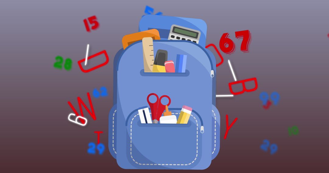 Backpack with School Supplies Amid Floating Numbers and Letters