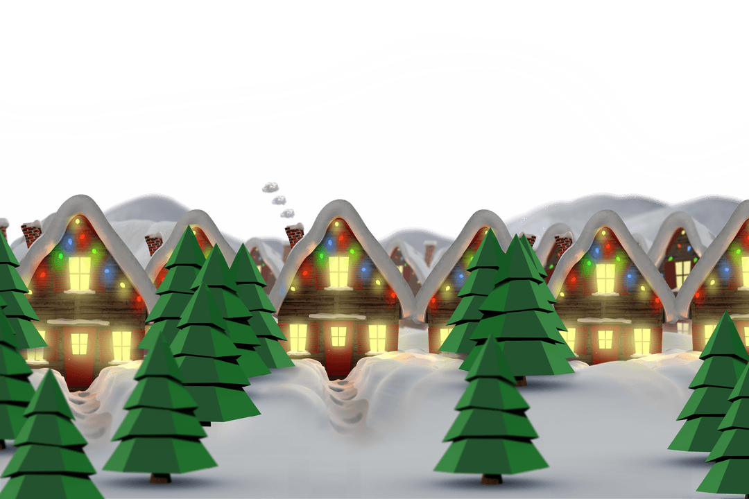 Digital Christmas Village Illustration with Snowy Trees on Transparent Background