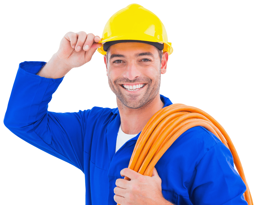 Happy Repairman in Blue Overalls with Hard Hat and Wiring