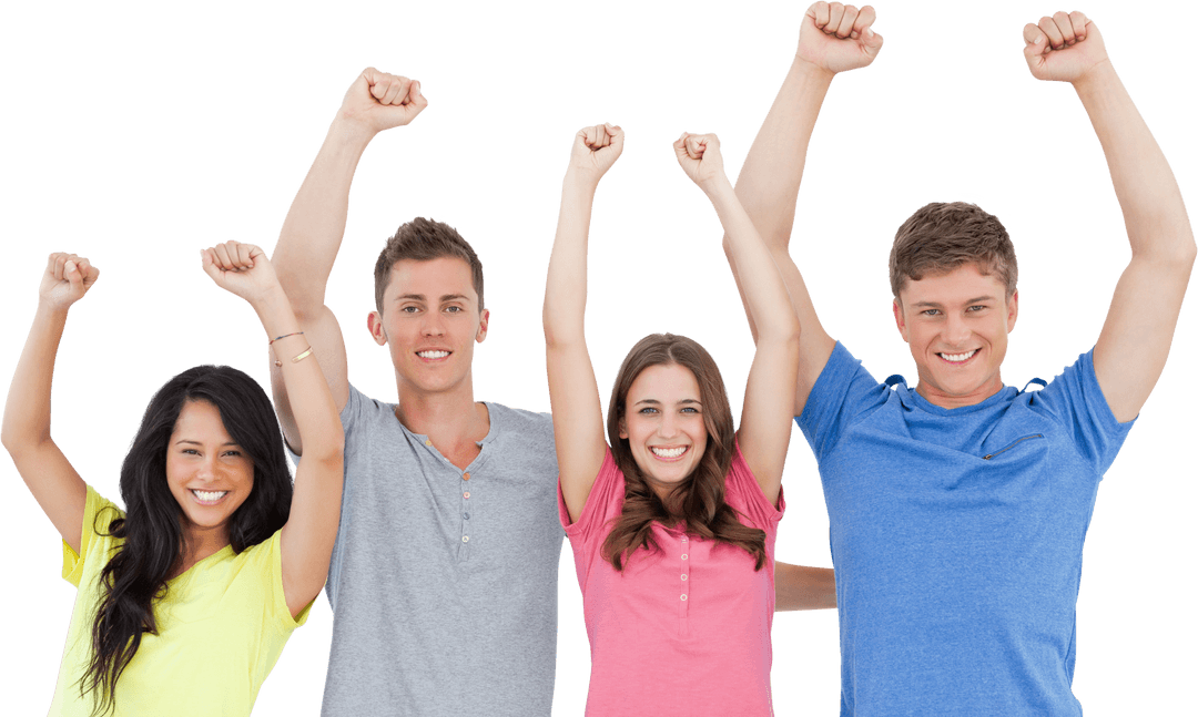 Transparent Group Celebration with Enthusiastic Smiles and Raised Hands