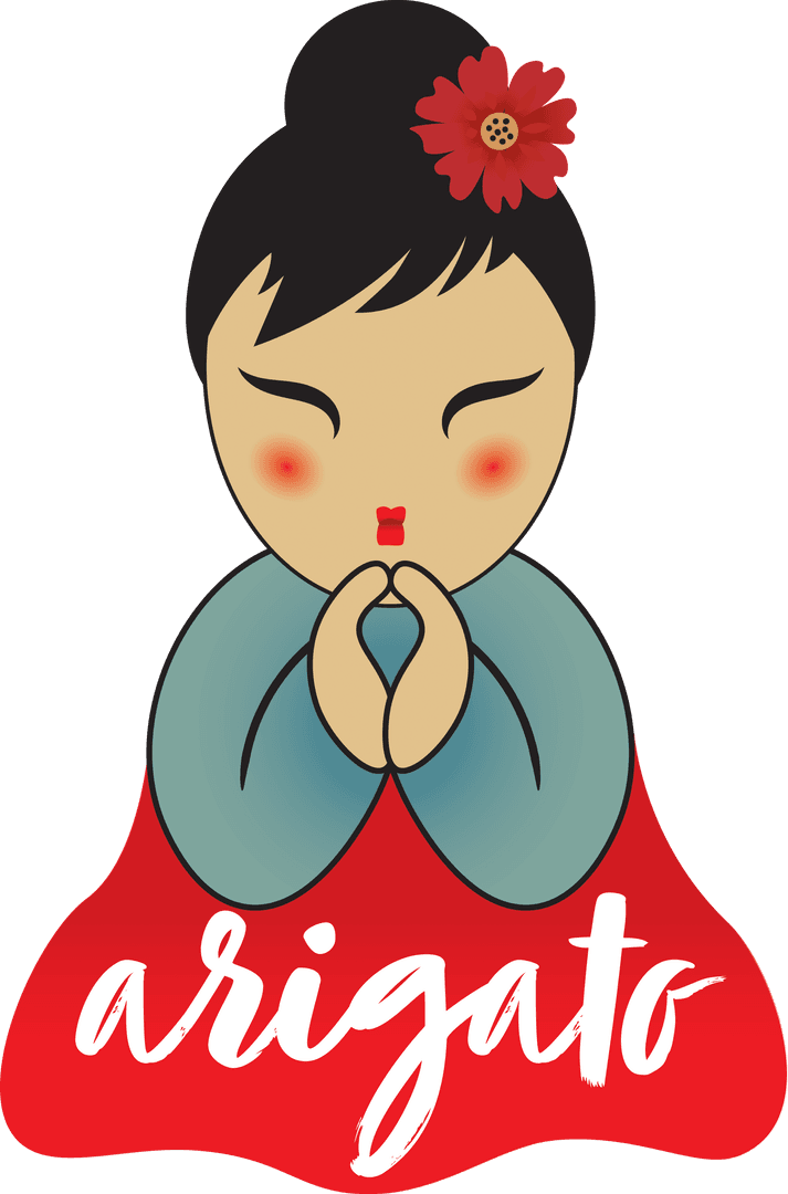 Geisha-style Character Saying Arigato on Transparent Background