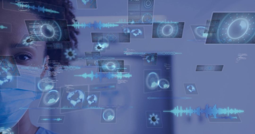 Nurse Using Holographic Panels in High-Tech Medical Environment