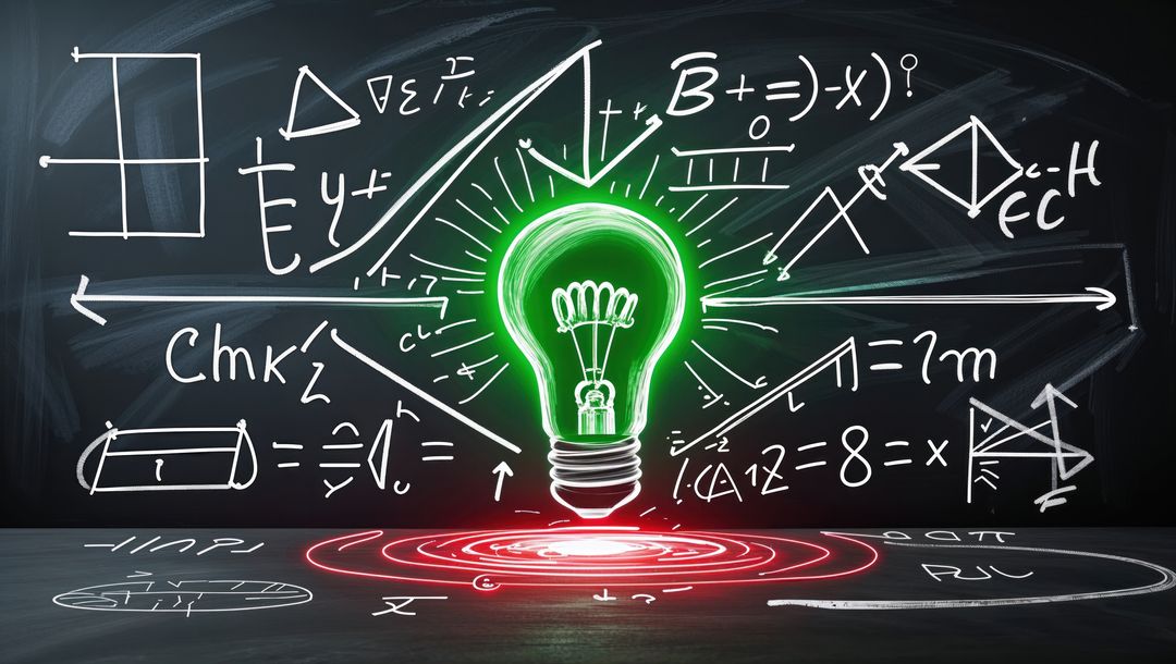 Glowing Green Light Bulb with Mathematical Equations on Chalkboard