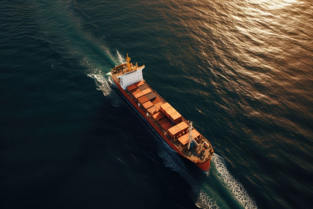 Aerial View of Cargo Ship Sailing on Open Sea at Sunset - Free Images, Stock Photos and Pictures on Pikwizard.com