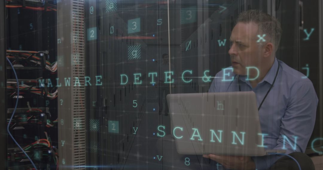 Cybersecurity Alert Overlay on IT Technician in Data Server Room