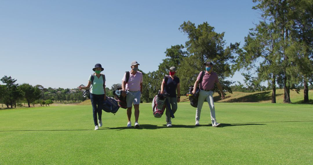 Seniors Walking on Golf Course with Face Masks During Pandemic