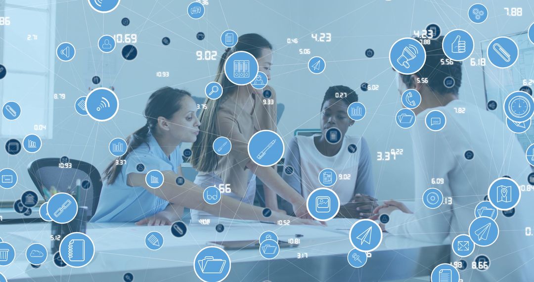 Innovative Female Team Collaborating on Business Project with Digital Overlay