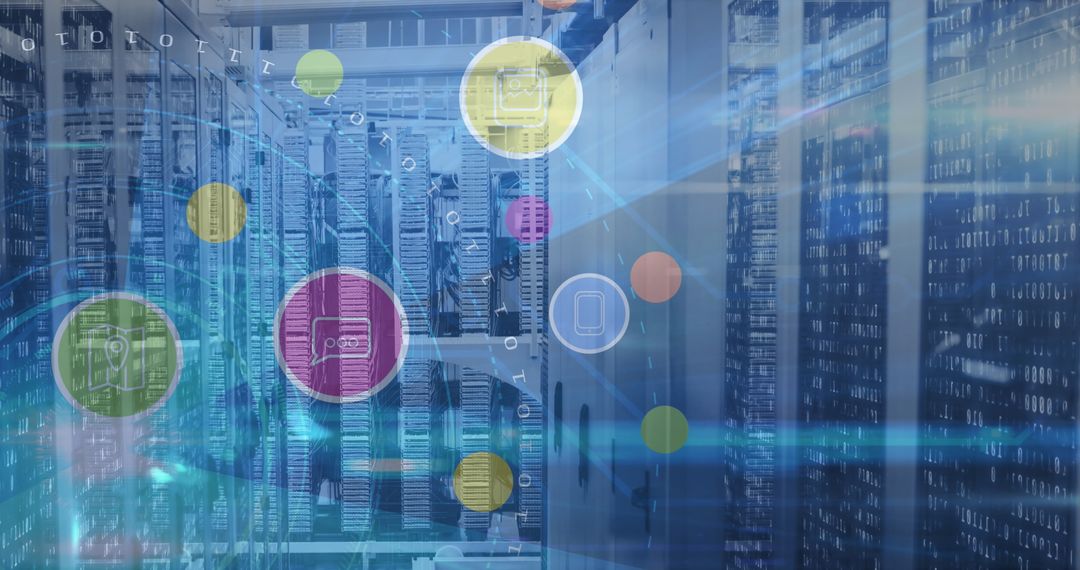 Data Servers with Digital Networking Icons Overlay