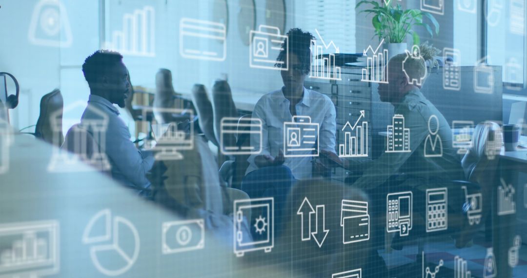 Collaborating around digital analytics overlay in modern office, teamwork and strategy