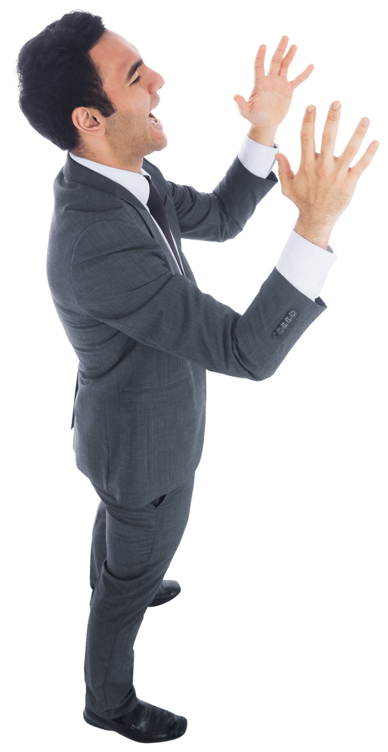 Transparent Excited Businessman Raising Arms in Joy