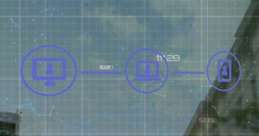 Flowchart Overlay on Modern Architecture with Cloudy Sky