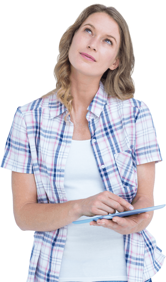 Curious Woman in Plaid Reflecting and Using Tablet, Isolated on Transparent Background