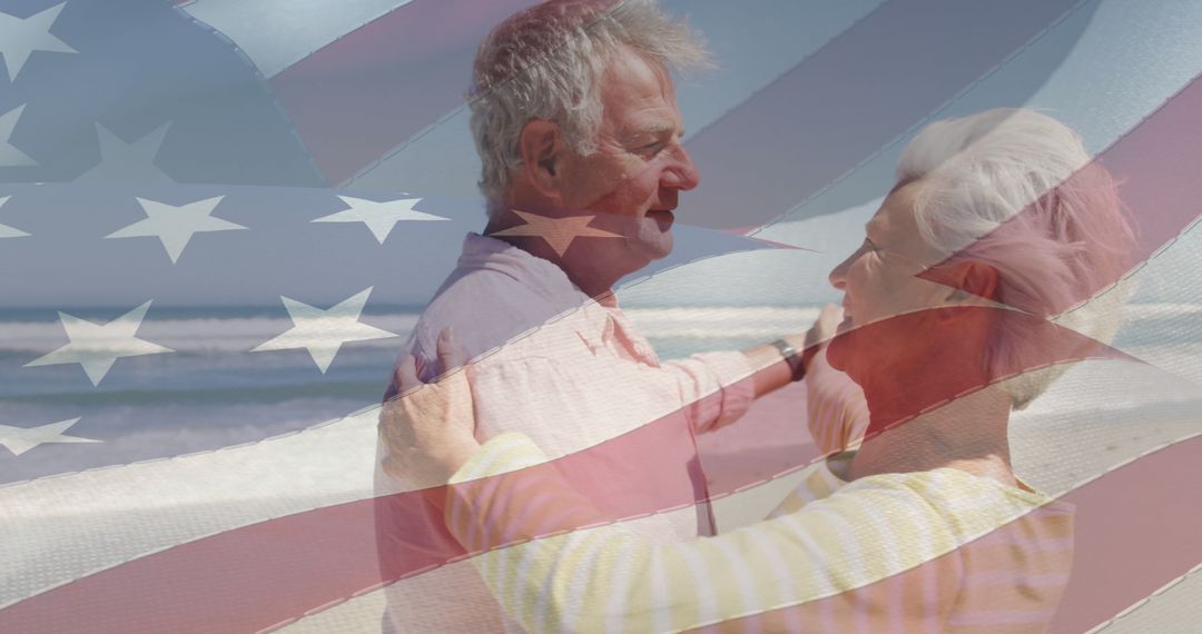 Senior Couple Enjoying Beach Vacation with USA Flag Overlay - Free Images, Stock Photos and Pictures on Pikwizard.com