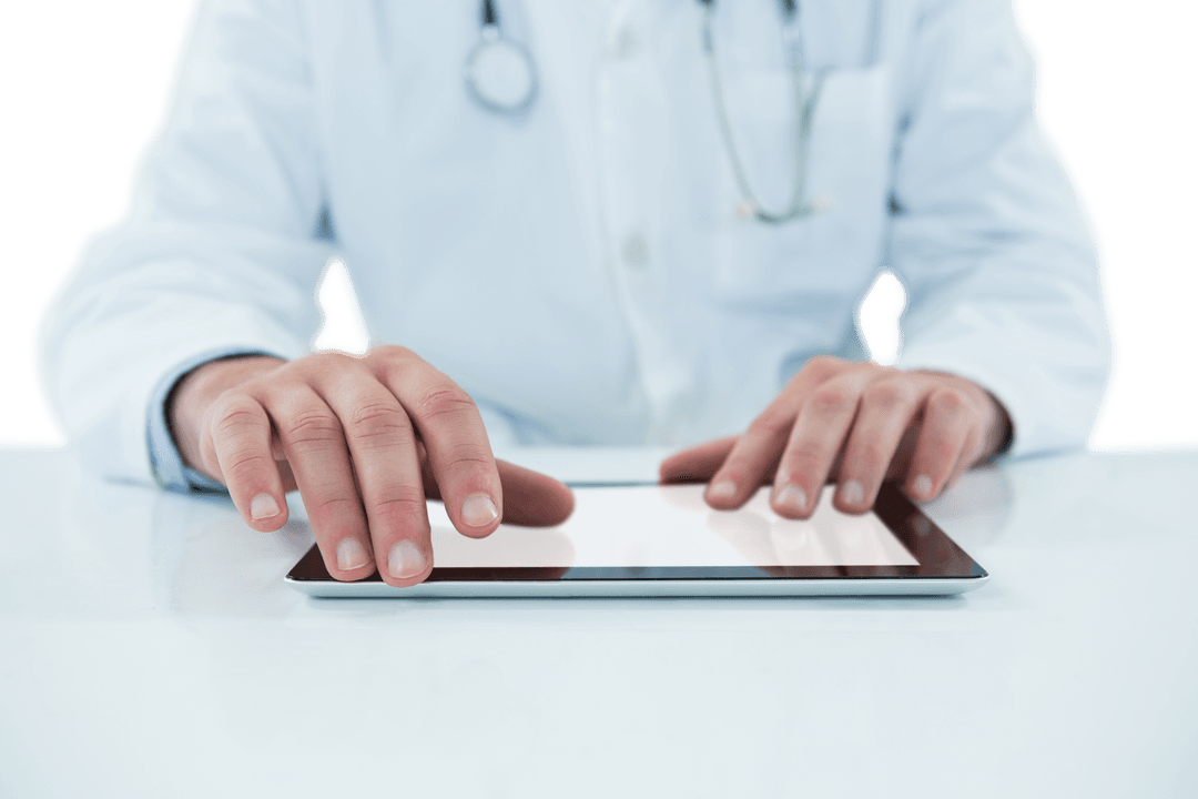 Doctor Utilizing Tablet in Transparent Medical Workplace