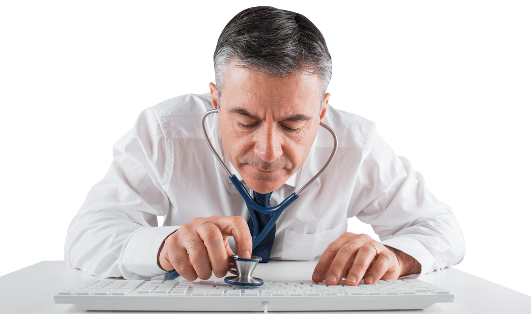 Mature Businessman Diagnosing Computer with Stethoscope on Transparent Background