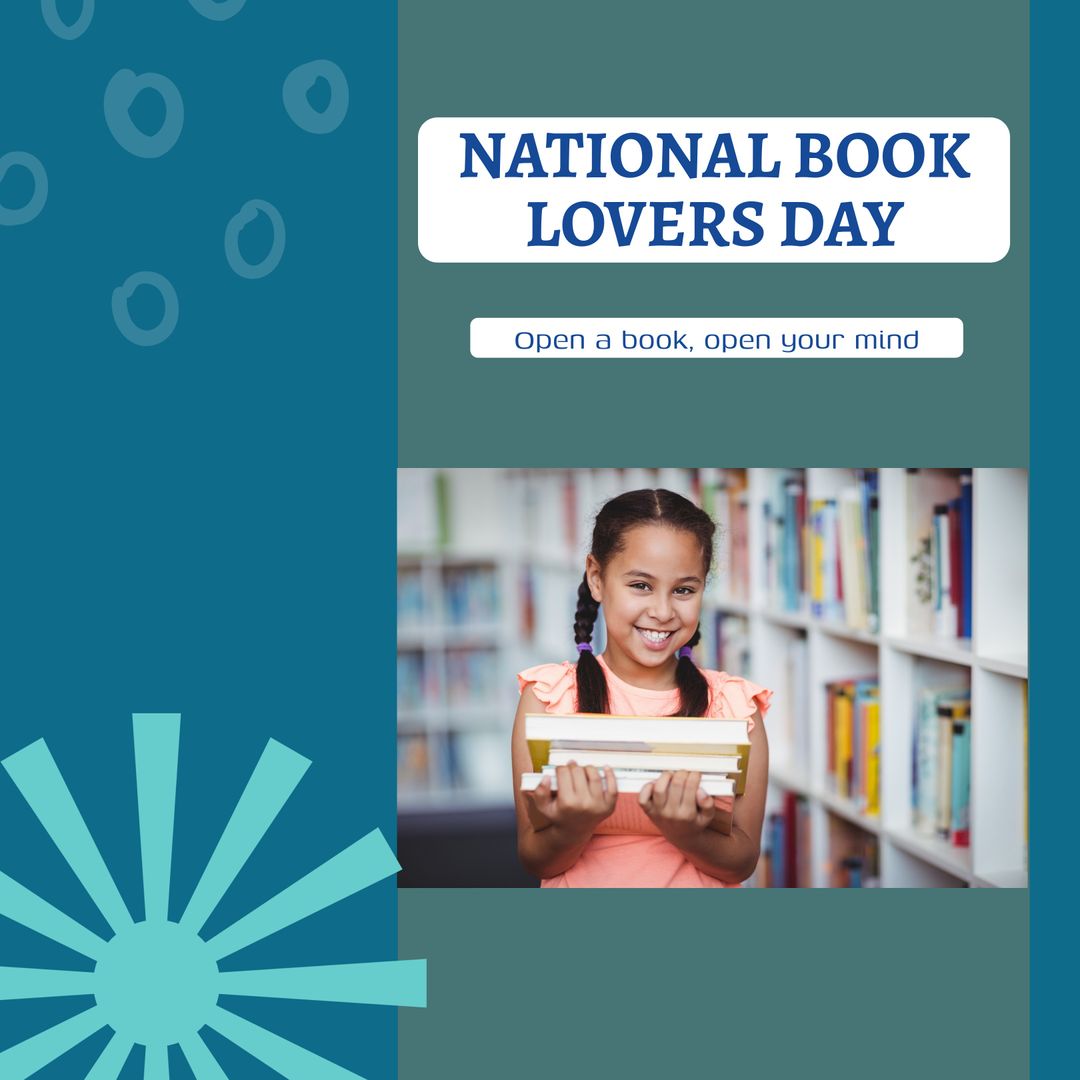 Smiling Girl Celebrating National Book Lovers Day in Library