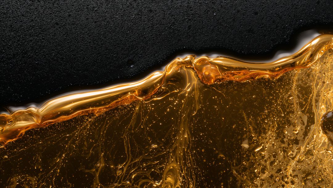 Flowing Amber-Gold Syrup Gliding Over Matte Black Surface Macro Texture and Bubbles