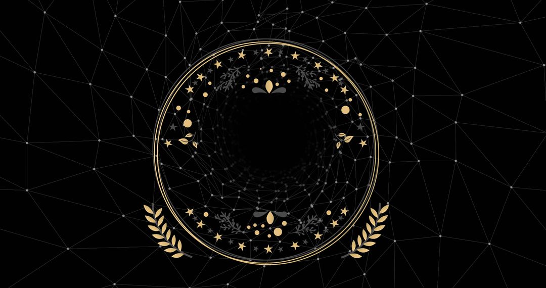 Golden Ornate Medallion with Laurel and Star Ring on Dark Geometric Wireframe Centerpiece