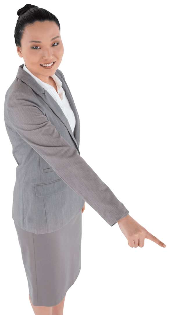 Transparent Asian Businesswoman Pointing Down in Gray Suit