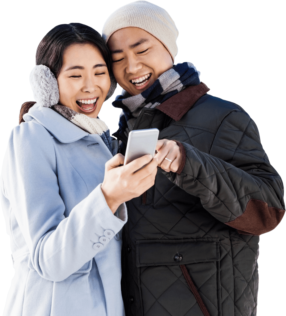 Cheerful Couple Enjoying Smartphone Outdoors with Transparent Background